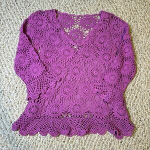 Vintage‎ Y2K 90s Casual Purple Crochet Boho Indie Hippie Festival V Neck Top S/M